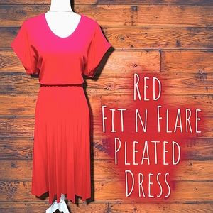 Red Pleated Fit and Flare Midi Dress with short sleeves and "V"  Neckline.